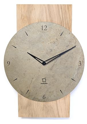 Natuhr Schiefer Wanduhr - Zugspitze - Holz Eiche Schiefer Stein Made in Germany (Heller Schiefer - Eiche unbehandelt, Funk-Uhrwerk)