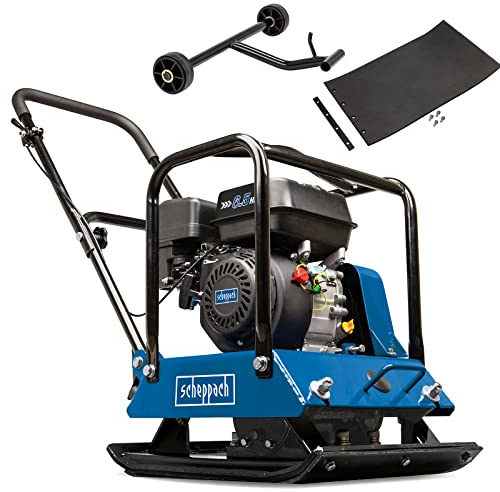 Scheppach Benzin Rüttelplatte HP1800S Bodenverdichter mit 23000 N & 5,6 PS | 30cm Verdichtungstiefe | Geschwindigkeit 25m/min | Platte 550x440mm | Fahrvorrichtung & Gummimatte für Pflaster, Erde & Kies
