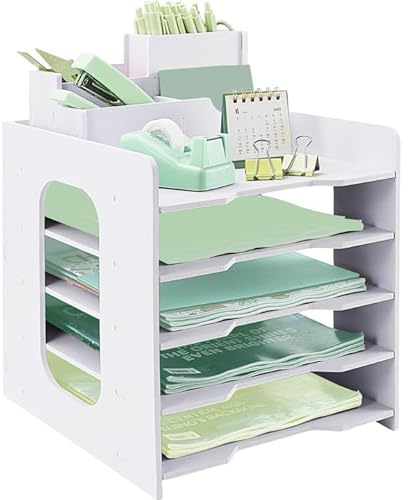 IOUGDSEC Schreibtisch-Organizer mit 5 Ablagefächer, Dokumentenhalter mit Stifthalter, A4-Format, Briefablage, Dokumenten Briefablage mit Schublade für Büro, Schule, Zuhause