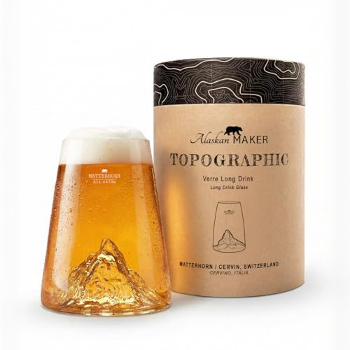 Alaskan MAKER Langes Glas 450 ml Borosilikat handgeblasen mit erhabenen Bergen | Cocktail, Bier oder alkoholfreie Getränke Topografisch (Matterhorn/Matterhorn)