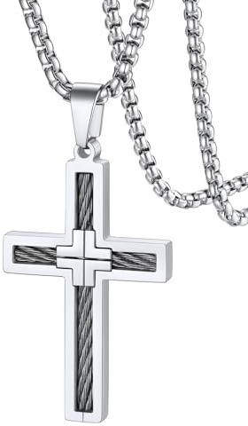 FaithHeart Kreuz Kette Herren Halskette Edelstahl Kreuzkette Wasserfest | Edelstahlkette Herren, Länge 55CM+5CM, Halskette Box mit Kreuz Anhänger, Kette für Alltag, Farbe: Silber/Schwarz/Vergoldet