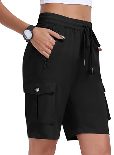 MoFiz Shorts Damen Kurze Hose Sommer Cargoshorts Wanderhose Trekkinghose Kurz Leichte Freizeithose Outdoor Sport Shorts mit 6 Taschen Schwarz Größe EU M