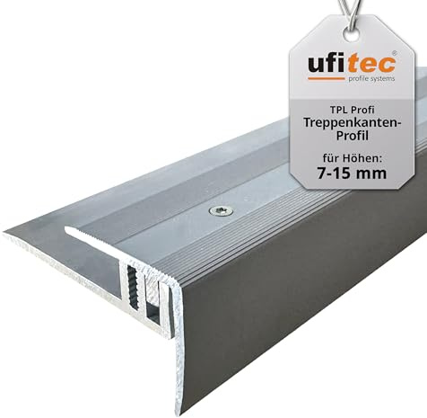 ufitec Profilsystem für Parkett- und Laminatböden - für Belagshöhen von 7-15 mm - viele Farben lieferbar (Treppenkantenprofil, Silber, 100 cm länge)