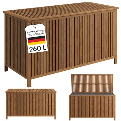 STEELSØN Alkes Aufbewahrungsbox aus geöltem Akazienholz – Auflagenbox mit hochwertiger Innenplane – Outdoor Kissenbox mit klappbarem Deckel – Sitztruhe sicherer Halt – Gartenbox wetterfest 114x52x59cm