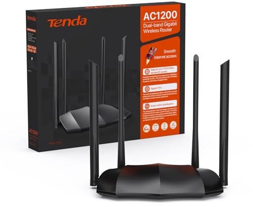 Tenda AC8 Dualband WLAN Router (867Mbit/s 5GHz+300Mbit/s 2,4GHz) 4x6dBi Antennen, 3-Gigabit-LAN/WAN-Port, Repeater&Access Point Modus, MU-MIMO, APP, IPv6, WPS, unterstützt Keine DSL-Funktion, Schwarz