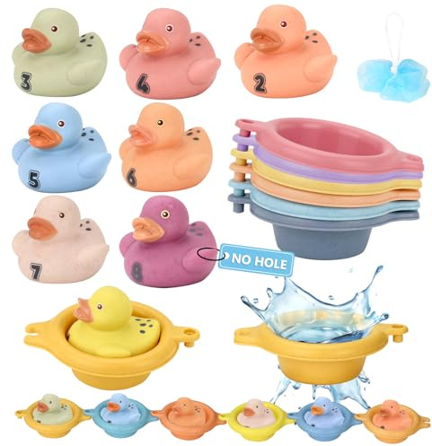 Wasserspielzeug für Kinder – 16 Schimmelfreie Poolspielzeuge mit Zahlen | 8 Digitale Enten und 8 Stapelbare Badewannenschiffe, Badespielzeug für Babys ab 1 Jahr, Ideal für Badewanne und Schwimmbad