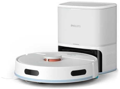 PHILIPS Saugroboter 2000 Serie mit Wischfunktion, Weiß, 120 Min. Laufzeit | Absaugstation inklusive, 2-in-1 Saug- und Wischroboter, Teppichboost, App-gesteuert (XU2100/25)