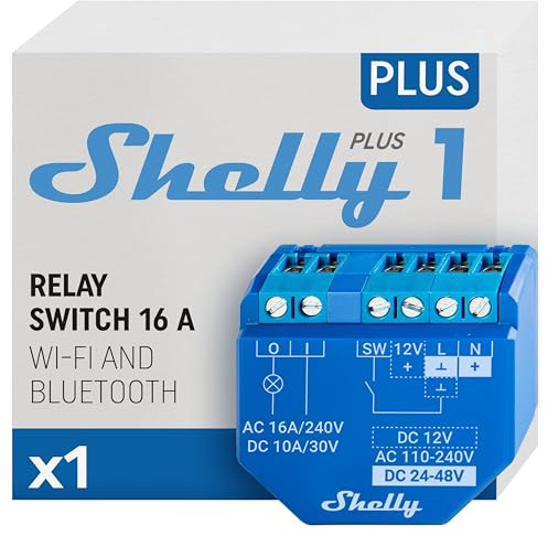 Shelly Plus 1 | Wlan & Bluetooth Smart Relais Schalter - 16A | Trockenkontakt | Lichtschalter | Hausautomation | Kompatibel mit Alexa & Google Home | iOS Android App | Kein Hub erforderlich