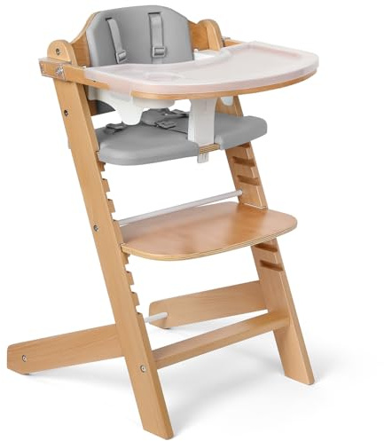 Cowiewie Hochstuhl mitwachsend ab 6 Monaten bis 90kg - Hochstuhl aus Naturholz, 8-fach höhenverstellbar - Mit abnehmbarem Tablett, 2 Tellern & gepolstertem Sitz für Baby, Kleinkind & Erwachsene(Grau)