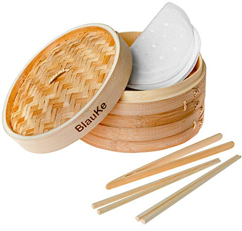 Bambusdämpfer (Bamboo Steamer) 25cm - Bambus Dampfkörbe mit Deckel und 2 Etagen, 2 Paar Essstäbchen, Zange, 50 Papier-Einsätze - Dampfgarer für Knödeln, Gemüse, Reis, Fleisch - BlauKe®