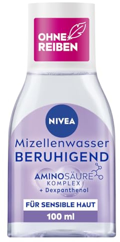 NIVEA Beruhigendes Mizellenwasser, Mizellen Reinigungswasser für sensible Haut, parfümfreies Gesichtswasser mit Dexpanthenol und Aminosäurekomplex, feuchtigkeitsspendende Gesichtsreinigung (100 ml)