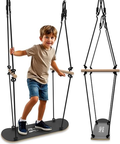 PHIBER-SPORTS Skateboard Schaukel Outdoor Kinder - Langlebig, Wetterfest, Anti-Rutsch, Stehen und Sitzen - Skateboardschaukel Zubehör Holz - Schiffsschaukel, Doppelschaukel