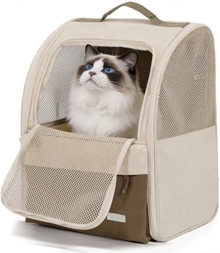 HundeRucksack und KatzenRucksack verschleißfestes bis 8kg Haustier Rucksack | mit Netzfenster für Kleine Haustiere Faltbare Katzenrucksack Hunde Mit Innerer Sicherheitsleine Haustiermatte (Cremeweiß)