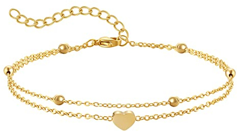 AFSTALR Fußkette Damen Fusskette Edelstahl Herz Layered Anhängern Silber Doppel-Fußkettchen Für Damen Edelstahl Verstellbare Silber Fußschmuck Coin Fußkette Für Damen