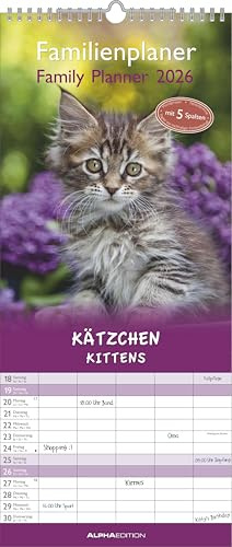 Alpha Edition - Kätzchen Familienkalender 2026 – Wandkalender 19,5×45 cm mit 5 Spalten & Feiertagen, süße Katzenmotive, praktischer Terminplaner für Familien, Paare & Katzenliebhaber: by Sabine Rath