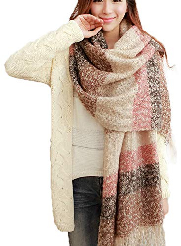 MAKFORT XXL Damen Schal Klassisch Streifen Herbst Halstuch Winter Warm Super Lange Stola Frauen Mit Quasten Schal Rosa Thema