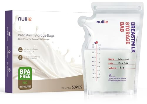 Nuliie 50 Stück Muttermilchbeutel, 250ml BPA-frei Muttermilch Aufbewahrung bag, Milchbeutel für Muttermilch mit Ausgießer für das Stillen, Selbststehender, Kann Eingefroren Werden, Platzsparendes