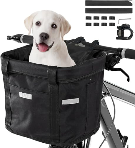 Goldmiky Faltbarer Fahrradkorb, Fahrradkorb Vorne für Hund, Easy Install Abnehmbare FahrradkorbTasche, mit Lenkeradapter für Kleiner Hunde, Einkaufen, Picknick (Schwarz)
