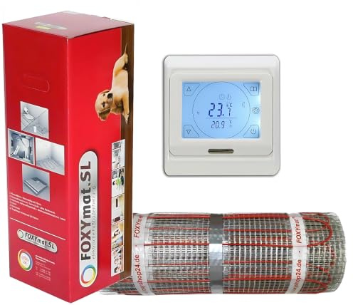 FOXYMAT.SL 200W elektrische Fußbodenheizung, 1.0 m² (0.5m x 2m) | 200 Watt pro m², mit Thermostat QM-BLUE-TS