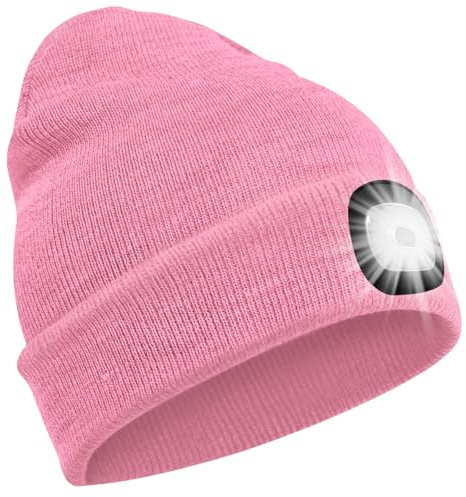 SPGOOD LED Beanie Beleuchtete Mütze mit Licht,Geschenke für Männer Winter Warm LED Mütze, Lampe Laufmütze für Angeln,Jogger,Camping,Laufen(Rosa)