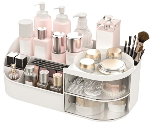 Make Up Kosmetik Organizer mit Schubladen, Multifunktionale Schminktisch Organizer, Kosmetikregal Kosmetik Organizers für Zimmer Decor Frisiertisch, Schlafzimmer,Badezimmer Organisation (Weiß)
