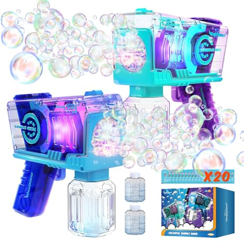 EagleStone Seifenblasenpistolen für Kinder, 2er-Pack mit LED-Licht | Automatische Bubble Blaster inkl. 2 Flaschen Seifenblasenlösung & 20 Konzentrate, für Partys, Outdoor & Geburtstage