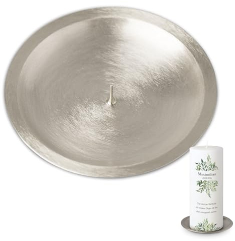 MOMENTU® Kerzenteller rund mit Dorn – Messing gebürstet für Kerzen bis Ø 8 cm [Silber, Handarbeit] – Kerzenständer, Kerzenuntersetzer, Stumpenkerzen, Tauf-, Kommunion- und Konfirmationskerze