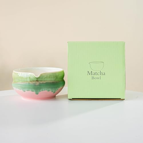 YlobdolY Matcha-Schüssel aus Keramik mit Ausgießer, handgefertigt, Aquarell, glasiertes Porzellan, traditionell, japanische Tee-Rührschüssel mit Geschenkbox zum Schlagen von Matcha, Rosa/Grün