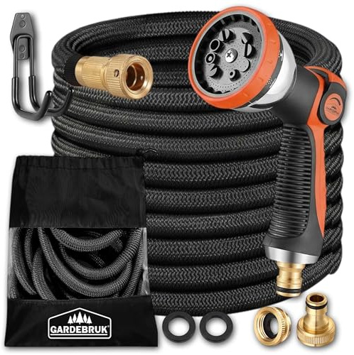 GARDEBRUK® Flexibler Gartenschlauch 7,5m 3fach Latexkern Vollmessing Adapter 1/2' 3/4' Zoll Wandhalterung Tasche Flexschlauch Wasserschlauch Schwarz
