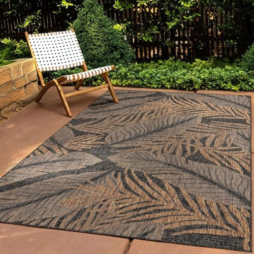 Taracarpet In & Outdoor Teppich Wetterfest Wohnzimmer Balkon Küchenteppich Terrassenteppich Flachgewebe Sisaloptik mit Muster blätter schwarz 140x200 cm