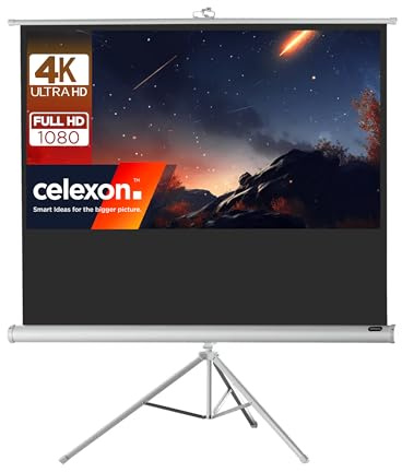 celexon Economy Stativ-Leinwand weiß 100 | 219x123 cm 16:9 | mobil transportable 8K, Full-HD Beamerleinwand mit manuellem Rollauszug für Heimkino, Büro & Outdoor | inkl. Standfuß + Tragegriff