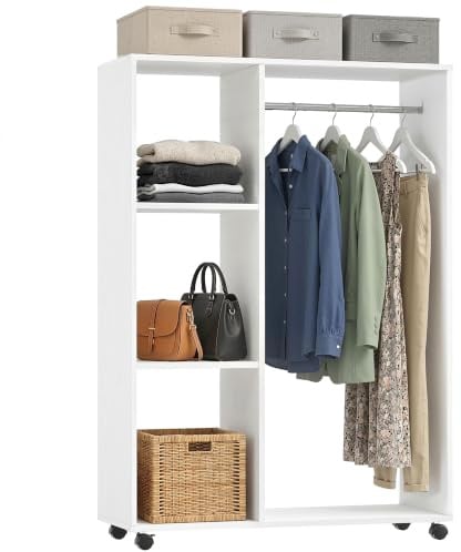 HOMCOM Kleiderschrank auf Rollen, Mobile Garderobe, 80 x 40 x 128 cm, Weiß | 1 Kleiderstange, 3 Regale, Garderobenschrank, Rollbarer Kleiderständer, für Flur, Schlafzimmer