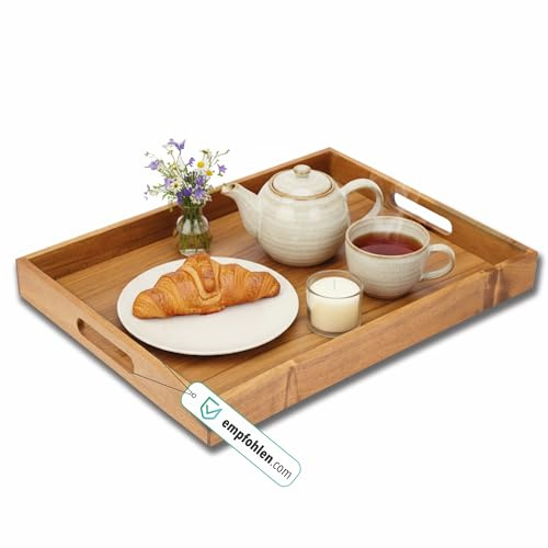 Kibun Serviertablett Holztablett - Mit Griffen | Akazienholz | 40x30 cm | Stabiles und leichtes Tablett für Frühstück Snacks Getränke und Dekoration mit pflegeleichter Oberfläche