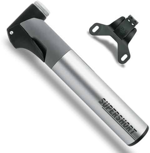 SKS GERMANY SUPERSHORT Minipumpe für Fahrräder (Fahrradpumpe mit Teleskopfunktion, abnehmbarem Aluminiumrohr und ergonomischem T-Griff, passend für alle Ventilarten, inkl. Pumpenhalter), Silber