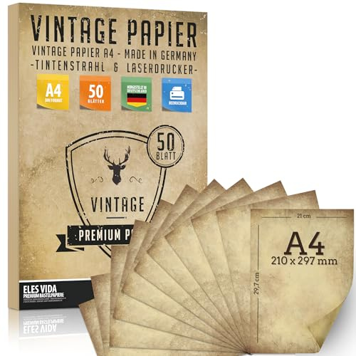 50 Stück Altes Papier 100g/qm DIY DIN A4 Antik Briefpapier beidseitig Druck | Kommunion, Papierrolle für Landkarte, Kinder Schatzsuche, Historische Einladungen, Auszeichnungen - DEUTSCHE HERSTELLUNG