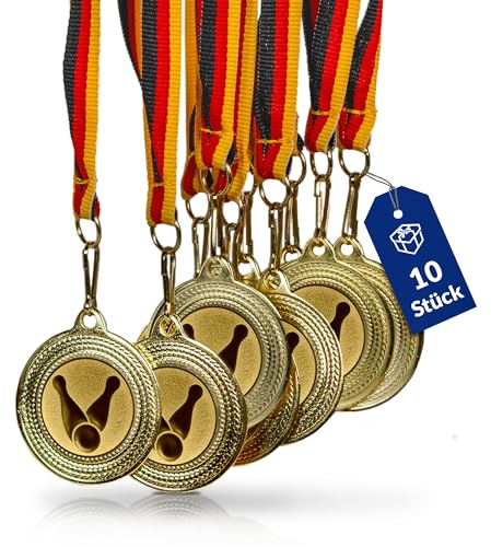 geschenke-fabrik.de Bowling-Medaillen, Metall, Deutschlandband | Golden zum Umhängen für Siegerehrungen, mit Emblem, für Vereine & Turniere
