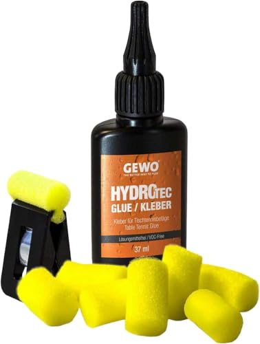 GEWO Tischtennis Kleber HydroTec – Wasserbasis, ITTF zugelas. Belagkleber | für Tischtennisschläger, lösungsmittelfreier Kleber für alle TT Beläge, mit Klammer und Applikatorschwämmen, 37 / 90 ml