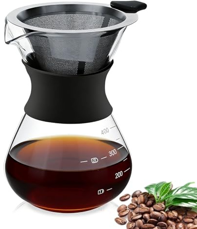 400ml Pour Over Kaffeebereiter, Edelstahl Handfilter Kaffee Dripper | Papierloser Kaffee Handfilter mit Edelstahlfilter, Borosilikatglas, Skala und gleichmäßigem Aufguss für Zuhause, Büro