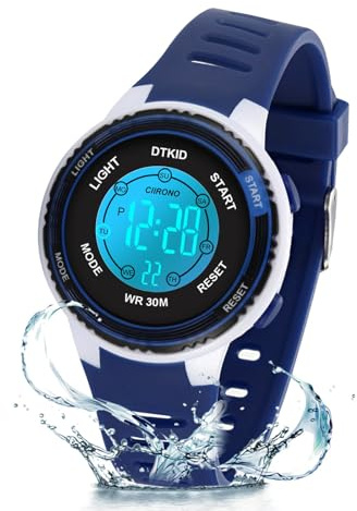 DTKID Digitale Kinderuhr Jungen Mädchen, 7-Farben-LED, Armbanduhr Kinder mit Wecker, Stoppuhr, Datum, 5 ATM wasserdichte Outdoor Sportuhr Kinder Uhren für Teenager