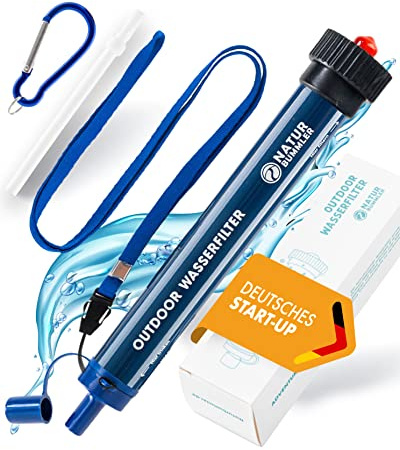 NATURBUMMLER Wasserfilter Outdoor [Filtert 99,99 % aller Bakterien] mit Karabiner & Trinkhalm – Trinkwasserfilter für Survival, Camping & Notfall – Wasseraufbereiter Trinkwasser