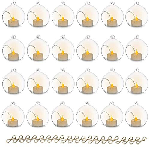 Sziqiqi 8cm Hängende Teelichthalter Glas: Glaskugeln zum Aufhängen 24er Set | mit LED, Transparente, Befüllbare Kerzenhalter, für Teelichter, für Hochzeit, Tischblumenständer, Weihnachten, Party, Garten