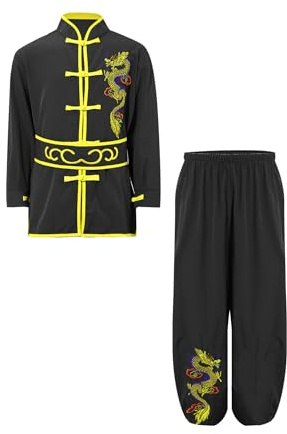 Mufeng Kinder Jungen Tai Chi Uniform Langarm Kung Fu Shirt mit Wushu Hose Chinesisch Kung Fu Wing Chun Stickerei Kostüm Set Sport A Schwarz 146-152