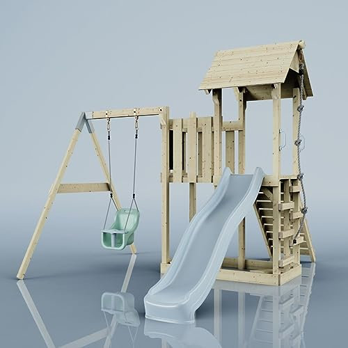 Rebo Spielturm mit Wellenrutsche und Kinder-Schaukel, Outdoor Klettergerüst Garten mit Plattform,Eisblau