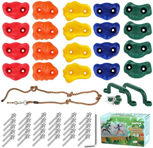 CIOXSOIO 20 Stück Klettergriffe Kinder Outdoor, Klettersteine Kletterwand Griffe Für Spielturm, mit 2 Griffen und 270 cm Kletterseil, Rock Wall Climbing Holds für Spielplatz Spielset Zubehör Set