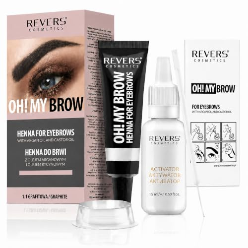 REVERS COSMETICS Augenbrauenfarbe Graphit mit Arganöl und Rizinusöl (Omega 6, Carotin, Vitamine A, E, F) Natürliches Ergebnis, lange Haltbarkeit von 4 Wochen, bis zu 15 Anwendungen