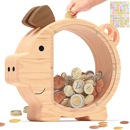 Summidate Spardose Kinder Holz Personalisiert Große Sparbüchse Sparschwein | Große Geldspardose für Jungen Mädchen, Sparbüchse für Geldscheine und Münzen, Geschenk zum Geburtstag, Kinderzimmer Deko