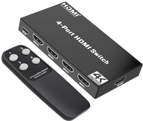 4K HDMI Switch 4 in 1 Out, HDMI Umschalter mit Fernbedienung, Unterstützt Dolby Vision, Kompatibel mit PS5, Xbox, Apple TV, DVD Spieler