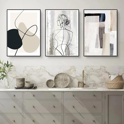Herfair Bilder Wohnzimmer 3er Set Abstrakt Line Geometrie Wandbilder Poster Schlafzimmer Einfachheit Kunstposter Leinwandbilder Ohne Rahmen (50 x 70 cm)