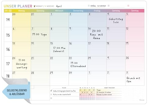 TOBJA Monatsplaner abwischbar – A3 selbsthaftender Wochenplaner – Whiteboard Planer für Wand, Kühlschrank & Tür – Familienkalender für bis zu 5 Personen - ohne Stift -