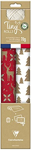 Clairefontaine 223887C - Set Tiny Rolls, 2 Geschenkpapierrollen 5x0,35m, 70g + 1 Rolle Geschenkband + 10 Geschenketiketten, Kraftpapier, rot/weiß , 2 Stück (1er Pack)
